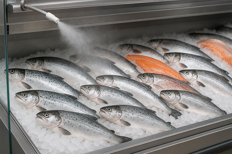مه‌پاش یخچالی برای تازه نگه داشتن ماهی در فروشگاه